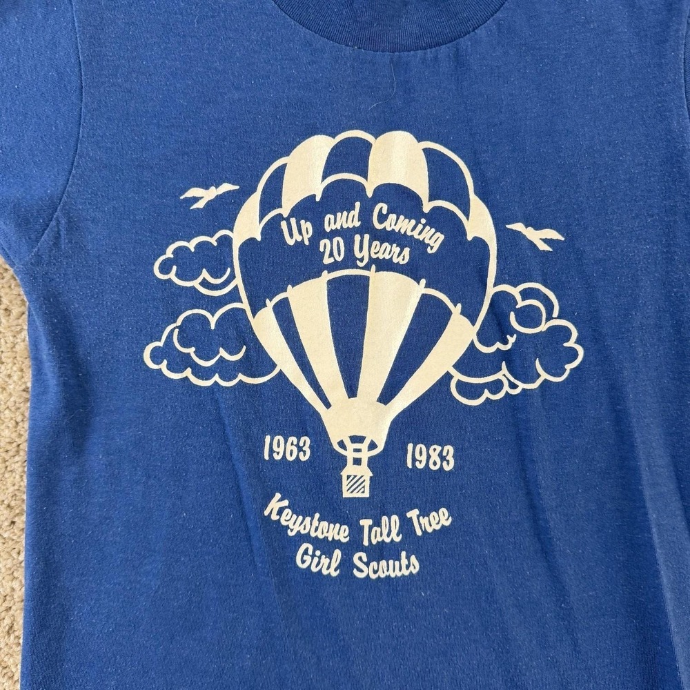 Vintage 80s Girl Scouts Velva Sheen Shirt Mens Small Blue Balloon Tee T-Shirt - Picture 2 of 8